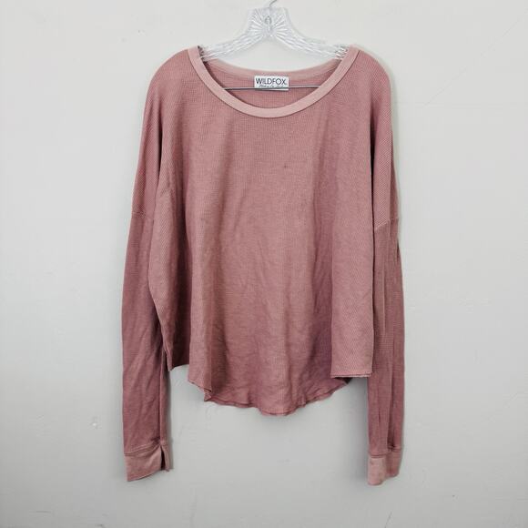 Wildfox Red Thermal Top Waffle-Knit Long Sleeve T-Shirt Casual Size L - Picture 1 of 8